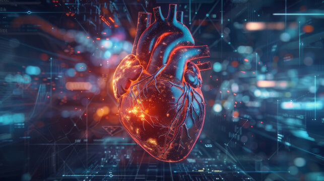 Holographic heart model with medical charts and graphs in the background, cardiac research and diagnostics concept.