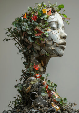 Sculpture of mother Earth, beautiful young woman made of rock with plants and flowers. Environment concept.