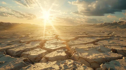 Foto op Plexiglas Severe drought desert landscape with cracked mud and intense sunlight, global warming concept. © Sunday Cat Studio