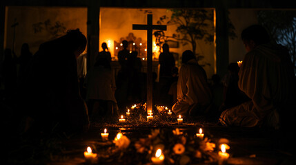 Silhouette of worshipers illuminated by candlelight - obrazy, fototapety, plakaty