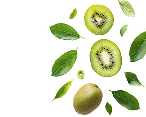 A whole kiwi fruit and a sliced half with leaves, both isolated against a white background.  