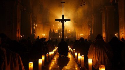 Silhouette of worshipers illuminated by candlelight - obrazy, fototapety, plakaty