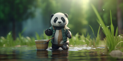 Adorable Animated Panda Adventurer Fishing in Serene Waters Banner