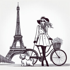 Girl with dog in Paris near Eiffel tower