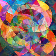 Colorful abstract digital art composed of overlapping circles and polygons with optical illusion effect.
