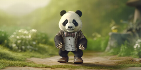 Charming Stylish Panda on a Picturesque Forest Path Adventure Banner