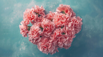 Bouquet of pink carnations arranged in a heart shape, symbolizing a mother's undying love and gratitude on Mother's Day.