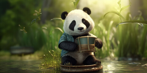 Adorable Panda Cub Enjoys Tranquil Pond in Lush Green Forest Banner
