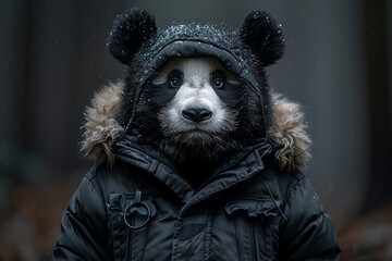 Panda Portrait: A Whimsical Encounter with a Snowflaked Hoodie Banner