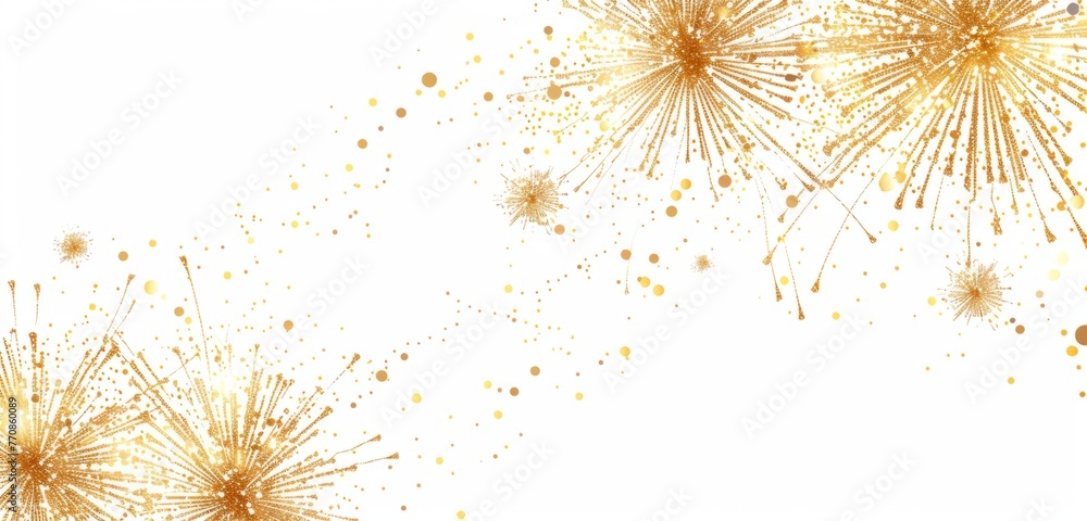 Poster gold glittering fireworks in a delicate and fine detailed style on a white background with simple li