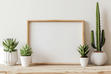 A blank wooden frame mockup on the table