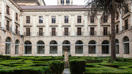 Courtyard and gardens of Monastery of Saint John the Baptist) of Corias now a Parador Nacional. Cangas de Narcea. Asturias, Spain