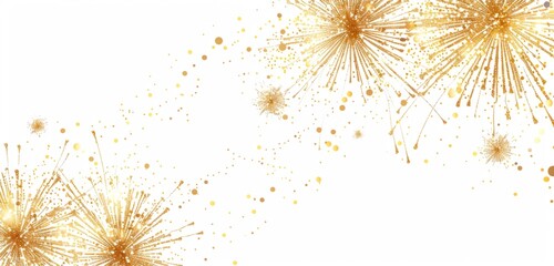 Gold glittering fireworks in a delicate and fine detailed style  on a white background with simple lines with blank space Generative AI