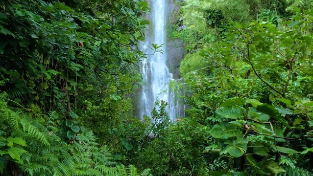 A view of scenic waterfall surrounded by rainforest. Wailua Falls waterfall near Road to Hana on Maui island, Hawaii.