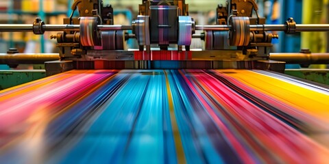 Closeup of a colorful printing press in action at a publishing house. Concept Printing Press, Colorful, Publishing House, Technology, Close-up