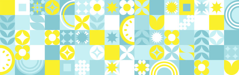 Seamless geometric summer background from flowers ornament, bright textiles and wallpaper. Daisies and bells in yellow and blue sunny shades for packaging goods and gifts. - 770860457