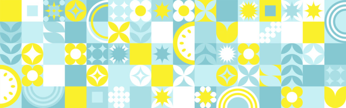 Seamless geometric summer background from flowers ornament, bright textiles and wallpaper. Daisies and bells in yellow and blue sunny shades for packaging goods and gifts.