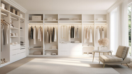 Modern luxury stylish white walk in closet feminine dressing room, minimal walk in wardrobe...