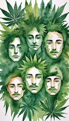 Watercolor Of Male Faces Made From Cannabis Leaves.