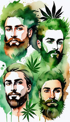 Watercolor Men'S Faces With Cannabis Leaf Beard And Hair.