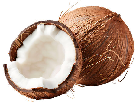 Produce an image of a coconut with one half cut off, set against a white background.






