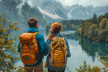 Adventure Awaits: Couple with Backpacks Overlooking Mountain Lake