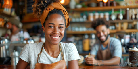 Cheerful Woman Entrepreneur in a Cozy Cafe with Colleague