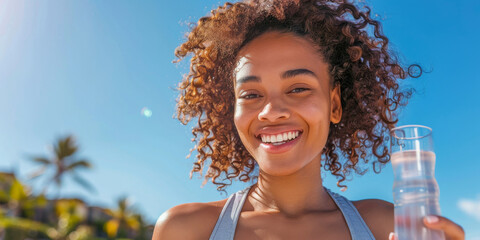 Radiant Young Woman with Curly Hair Enjoying Sunlight While Holding Water Bottle Outdoors