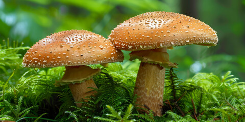 Pair of brown cap mushrooms growing amidst the green moss in a dense forest