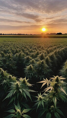 Sunset Over A Legal Cannabis Field In France For Industrial Use.