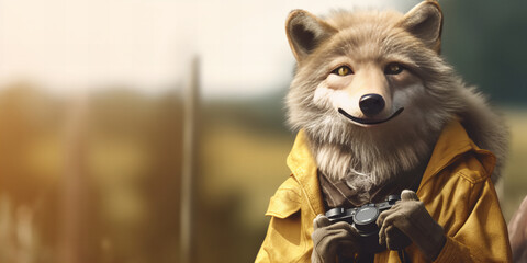 Adventurous Fox Photographer in Yellow Jacket Nature Exploration Banner - obrazy, fototapety, plakaty