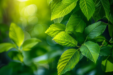 Fototapeta na wymiar Soft-focus close-up of fresh green leaves under sunlight