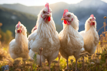 Fototapeta premium Portrait of chickens on a green grass meadow in mountains, bright sunny day, on a ranch in the village, rural surroundings on the background of spring nature
