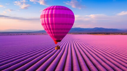 Aerial perspective of a hot air balloon drifting over a vast summer lavender field
