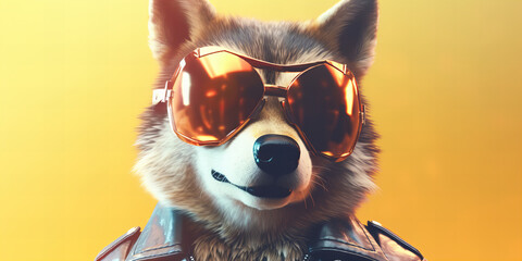 Stylish Canine Coolness: Trendsetting Pup in Sunglasses and Leather - Banner - obrazy, fototapety, plakaty