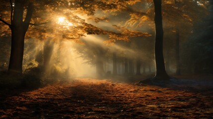 beautiful autumn landscape with fallen leaves in a forest glade at sunset, sunlight and beautiful nature as background