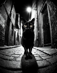 Mysterious Feline Prowler: A Black Cat's Nocturnal Adventure in a Dark Alley | This striking black and white photograph captures the haunting presence of a black cat prowling through a dimly lit  - obrazy, fototapety, plakaty