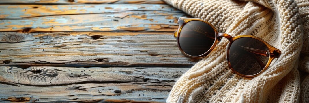 White Beach Towel Sunglasses On Wooden, Background HD, Illustrations