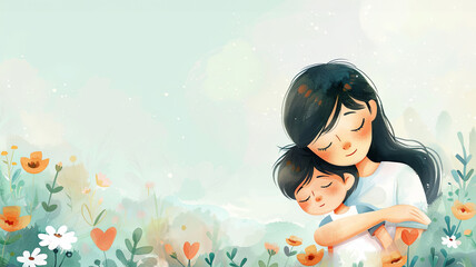 Mother and son hugging in the garden surrounded by flowers and hearts. Pastel watercolor illustration with soft colors and dreamy atmosphere