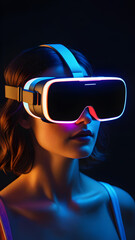girl in virtual reality glasses close-up in neon style on a dark background
