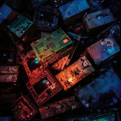 Eerie shadows of discarded tech, amidst a storm of dark, melancholic colors