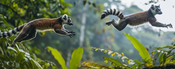 Lemur leap, overtaking in the canopy, their playful motion captured against the jungle backdrop - obrazy, fototapety, plakaty
