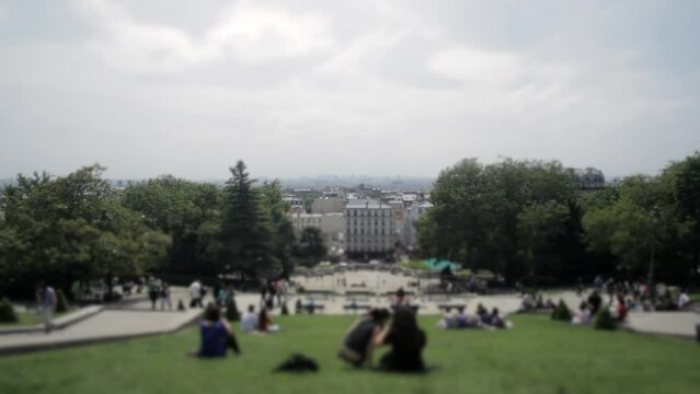 Stairs of Montmartre viewpoint with group of people in Paris, Time lapse