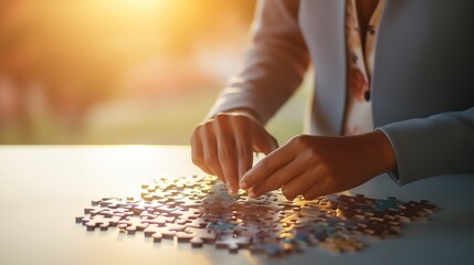 Businesswoman hand piecing together a jigsaw puzzle with the sunlight effect, illustrating business solutions, strategy, and success. . - obrazy, fototapety, plakaty