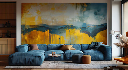 Interior design of a living room with a blue couch, large painting on the wall, and wooden flooring in a house