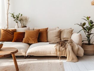 A minimalist living room with an oversized beige sofa, brown and cream throw pillows