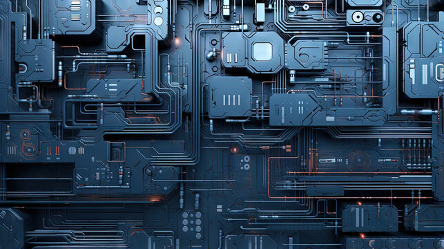Background with metallic panels texture, wires and circuit. Spaceship hull wall technology background.