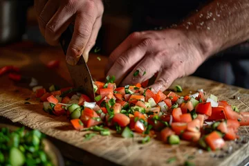 Fotobehang A closeup shot of a chefs hands chopping fresh vegetables on a wooden cutting board © Ilia Nesolenyi