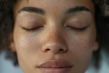 A close-up of a womans face with her eyes shut, engaged in deep breathing exercises to reduce stress - obrazy, fototapety, plakaty