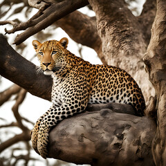 The leopard lays gracefully in the branches of the tree, its sleek, golden fur blending in with the dappled sunlight filtering through the leaves, keeping an eye open for prey down below.